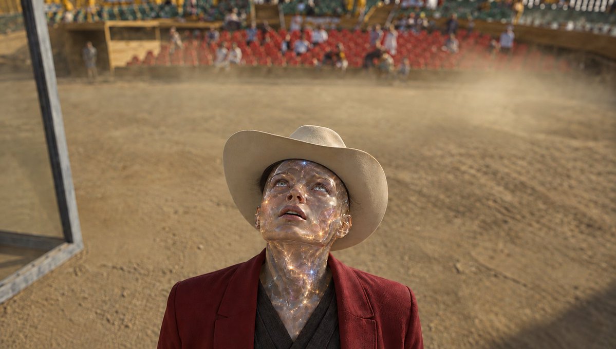 Crystalline Rodeo Performer Gazes Skyward in Dusty Arena