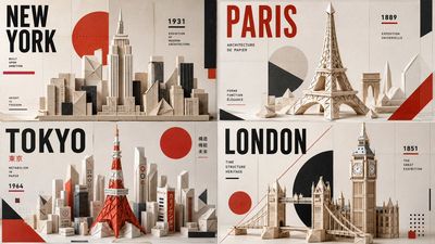 Bauhaus papercraft grid folds four iconic city skylines