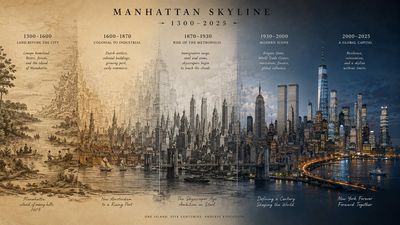 Manhattan skyline transforms from 1300 to 2025 in a timeline