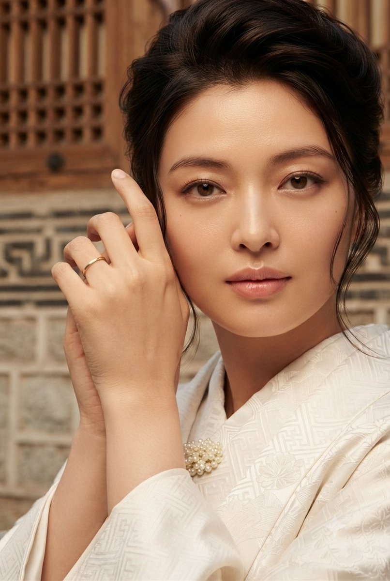 Elegant woman in traditional attire with gentle gaze and warm tones