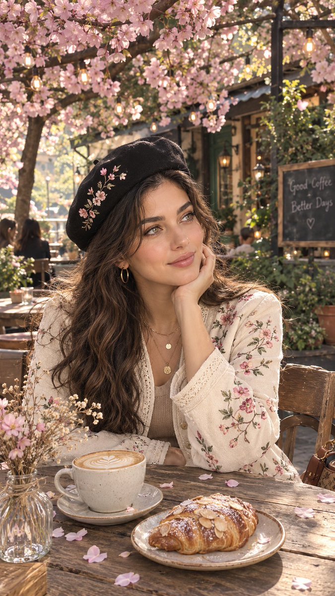 Woman in Black Beret Enjoys Latte Under Cherry Blossoms