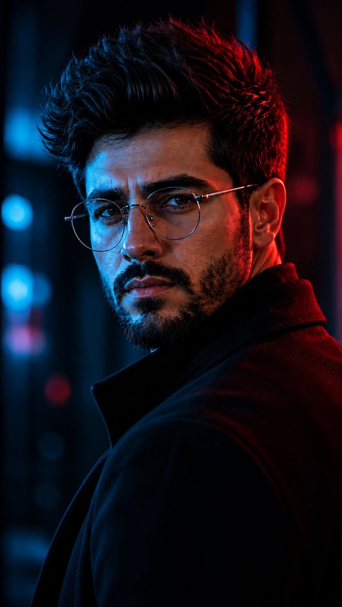 A guarded man turns back under stark blue and red neon lights