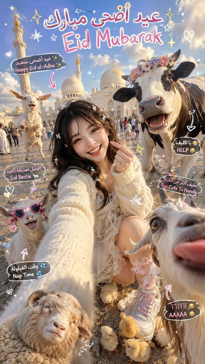 A smiling woman takes a selfie with adorable farm animals