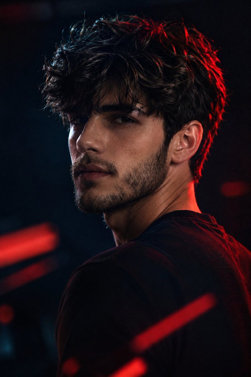 Arthur Ferreira glances back with red rim light and deep shadows