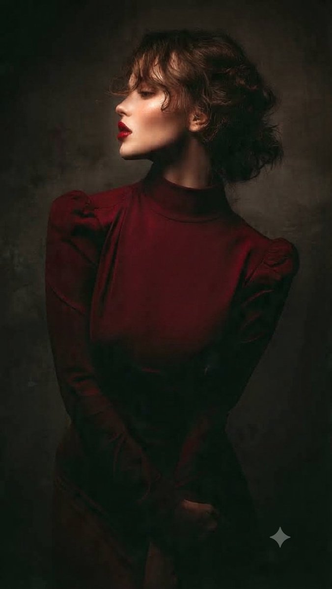 Woman in maroon vintage dress poses against dark grunge backdrop