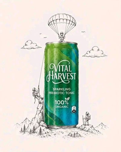 Refreshing citrus drink in a vibrant package with adventure sketches