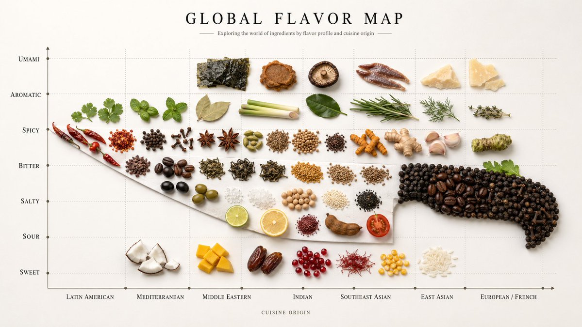 Global ingredients map into a chef's knife silhouette from above