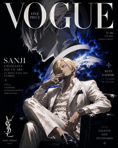 One Piece characters model haute couture on a luxury magazine cover