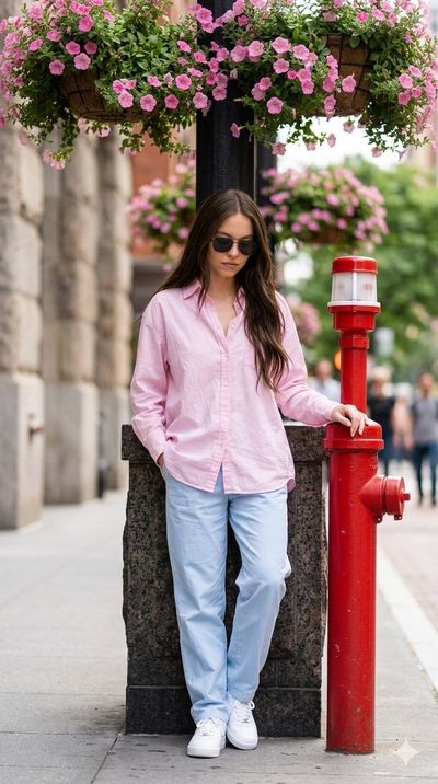 Young woman in pink shirt leans against red post under hanging petunias