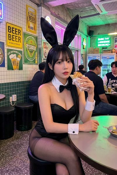 K-Beauty Bunny Girl in Neon Bar Ambiance