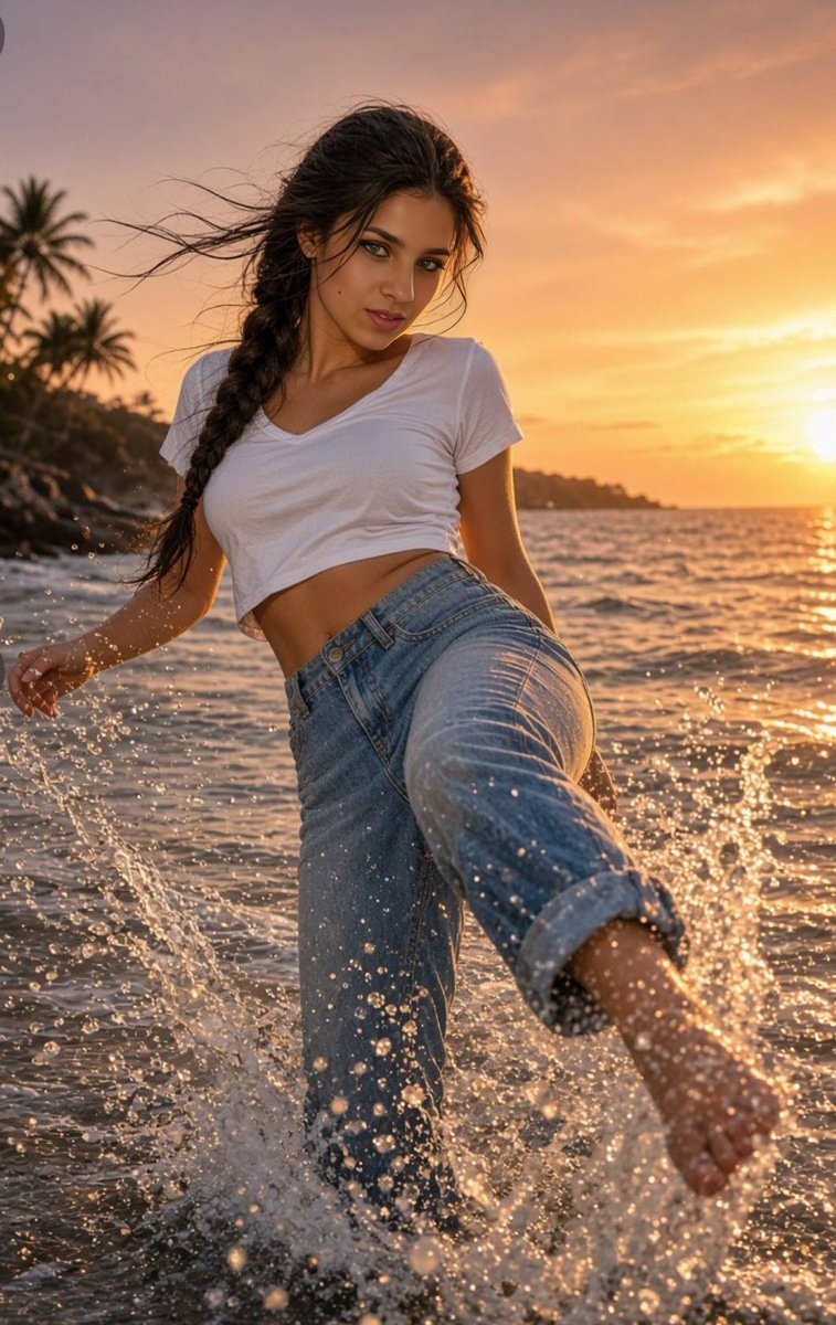 Woman joyfully kicks water in shallow surf at golden hour