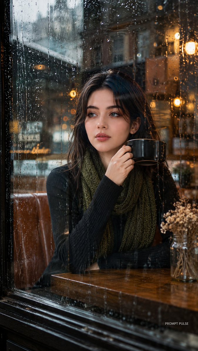 Rainy café window frames a woman's thoughtful gaze with coffee