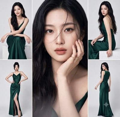 East Asian model poses in emerald satin gown for fashion editorial