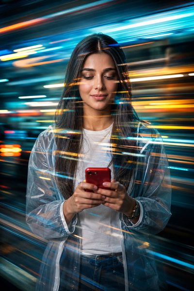 Woman in windbreaker stands still amid colorful speed-light streaks