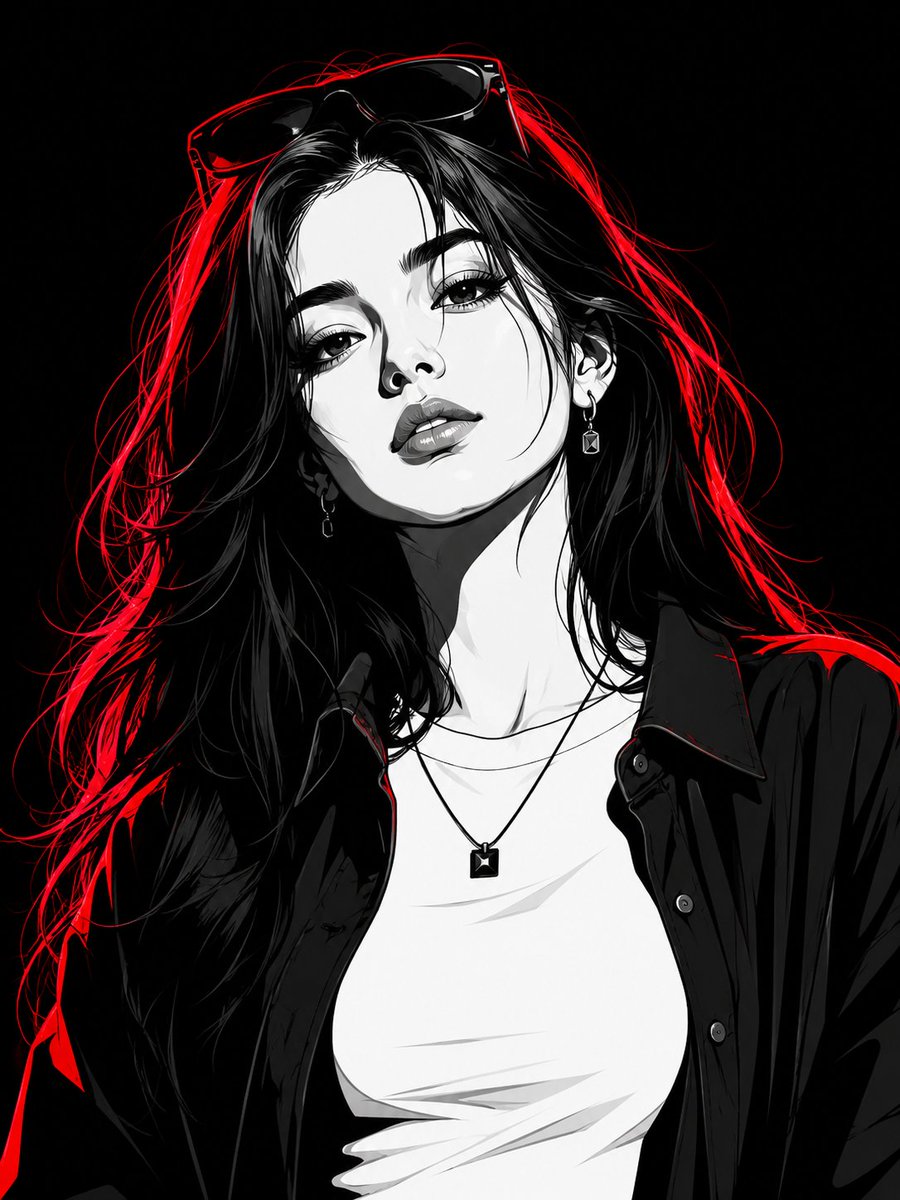 Red neon rim light traces her confident monochrome vector portrait