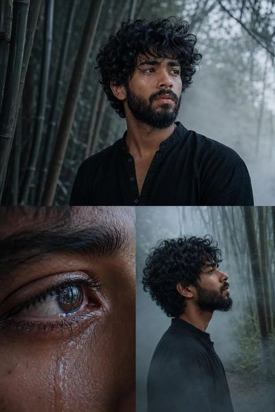 A bearded man contemplates life in a misty bamboo forest.