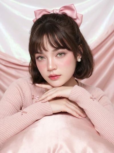 A model in pink satin poses with soft blush lighting