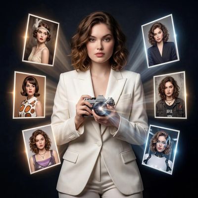 Woman in white holds vintage camera releasing time-traveling portraits