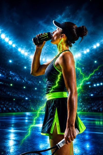 Elite tennis champion glows with neon energy on futuristic court
