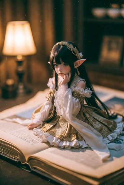 Pensive Japanese Elf Exploring Giant Book Under Soft Lamp Light