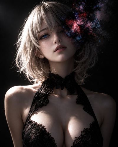 Silver-Haired Woman's Face Dissolves into Cosmic Nebula Light