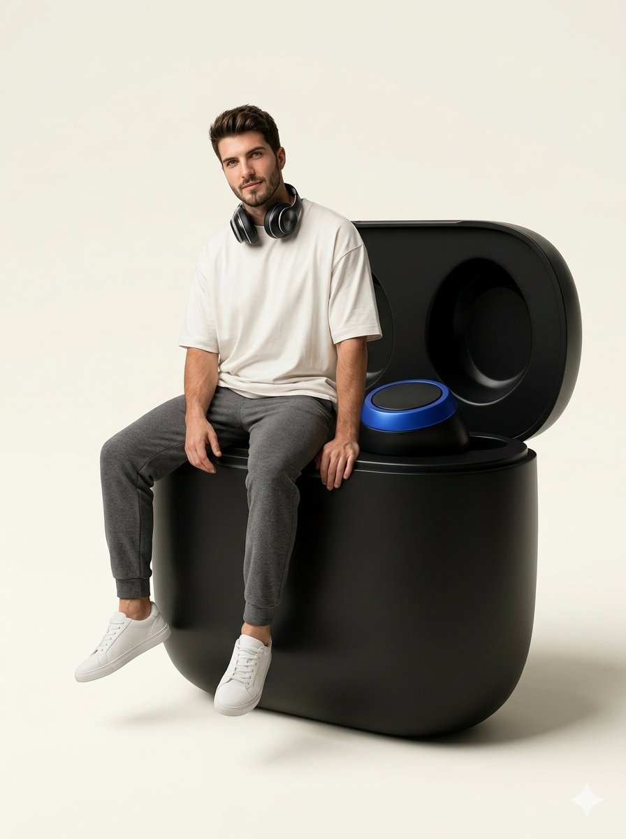 Futuristic Fashion Meets Tech: Model on Oversized Laptop Keyboard
