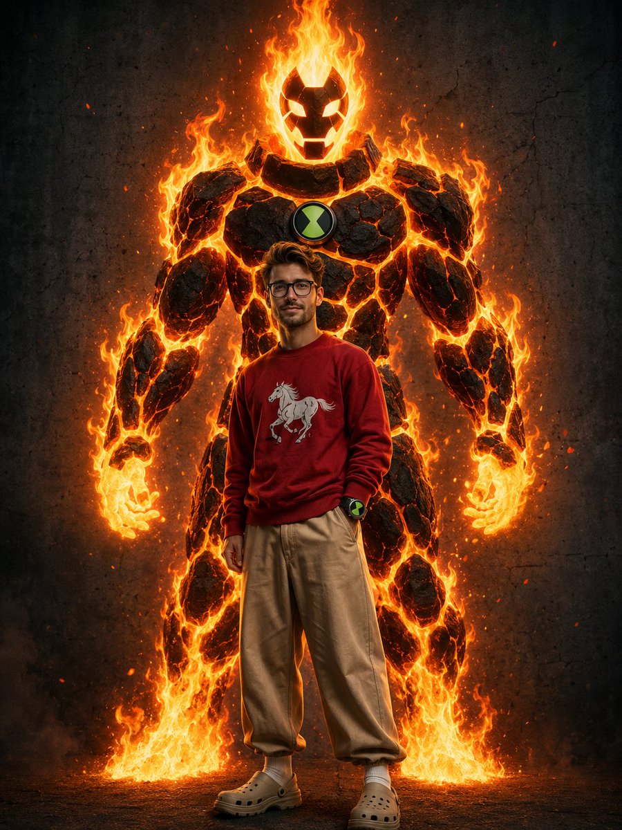 A stylish man faces a towering fiery Heatblast from Ben 10