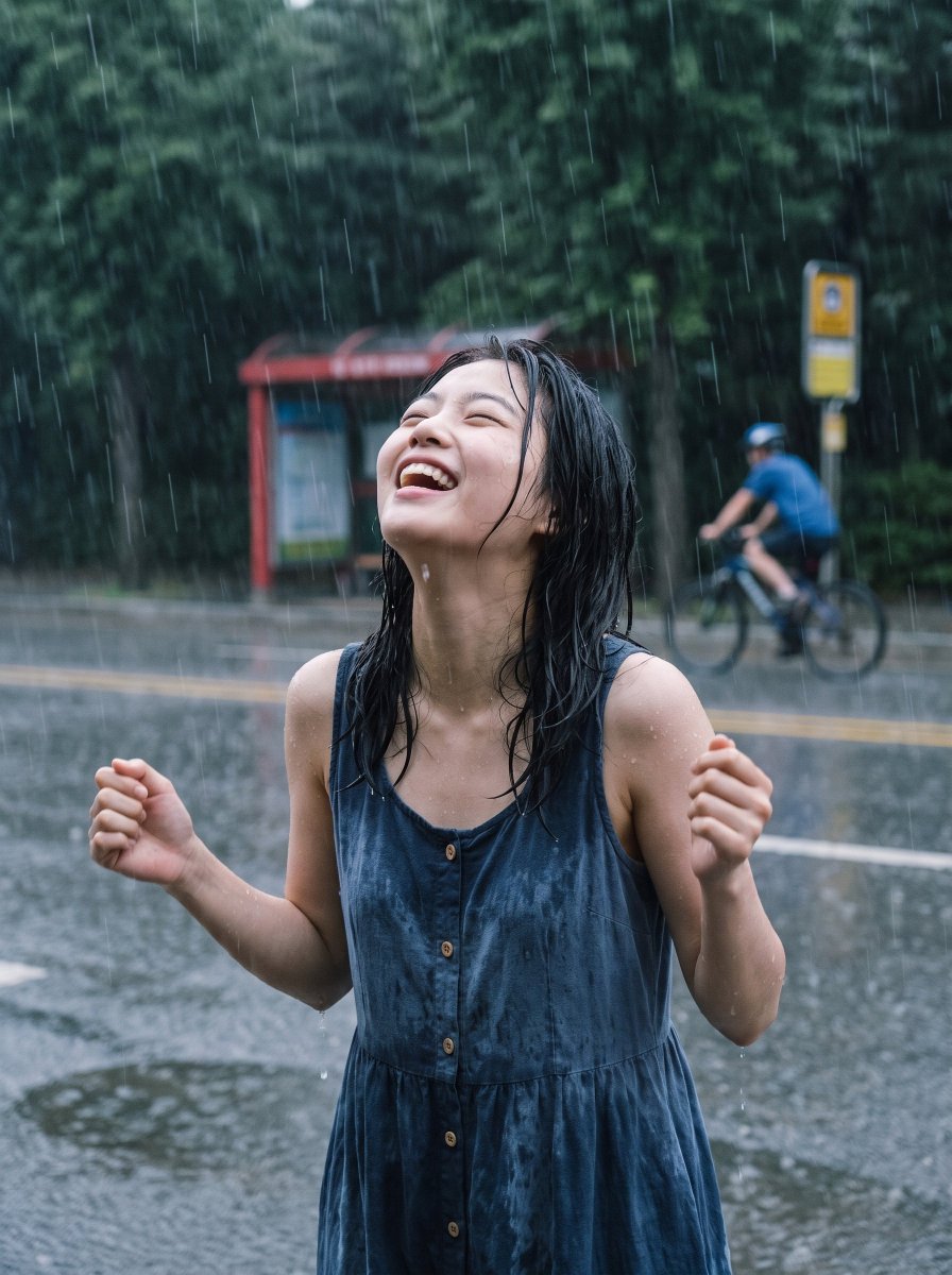 Woman Laughs in Rainstorm With Fists Clenched in Joy