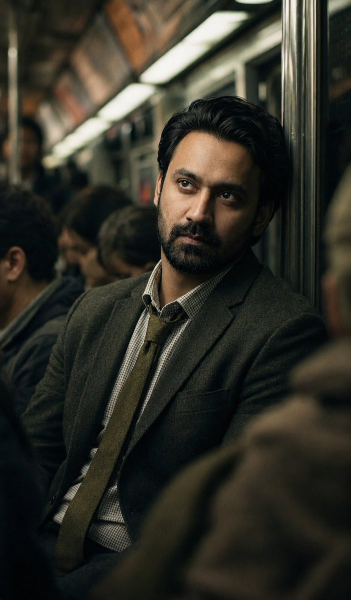 A weary man in a subway car stares into the distance lost in thought
