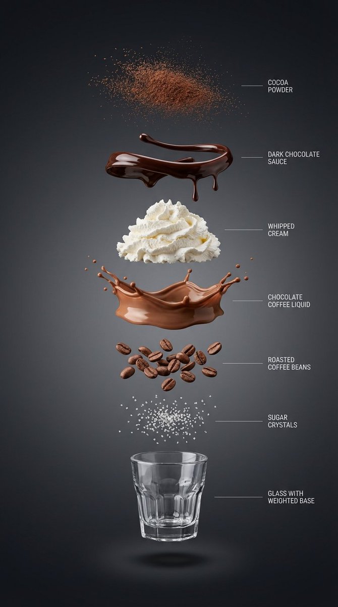 Exploded view of a chocolate coffee drink with floating layers