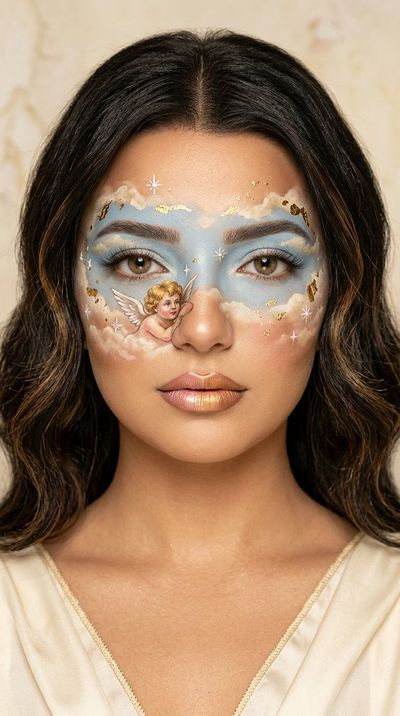 A serene model wears a hand-painted Renaissance cherub across her cheek