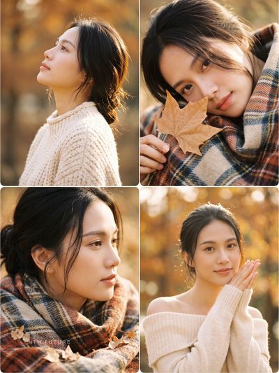 Warm Autumn Portrait Grid with Cozy Knit and Plaid Elegance