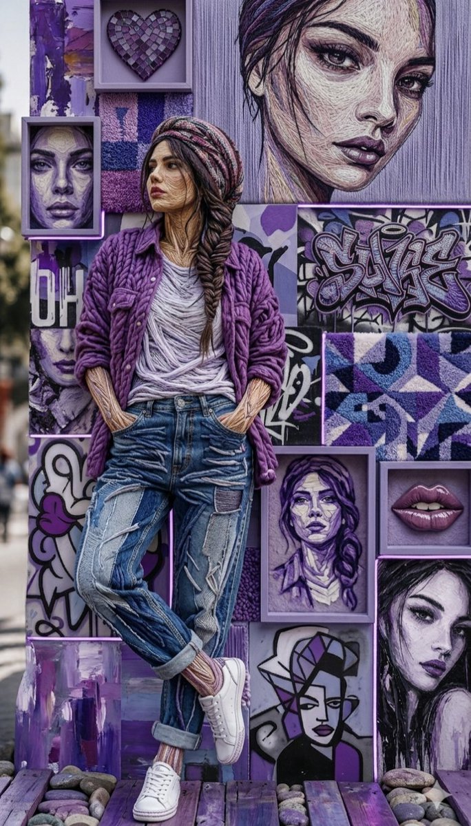 Young woman in purple knit jacket leans against collage wall
