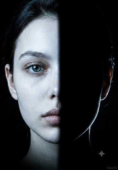 A forensic half-face portrait splits perfectly down the center