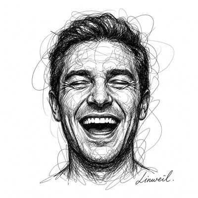 A chaotic ink scribble captures a laughing man with closed eyes.