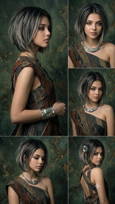 Young woman in asymmetrical top with silver jewelry poses serenely