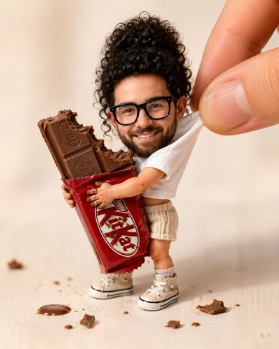 Tiny girl with messy bun hugs giant KitKat on tabletop