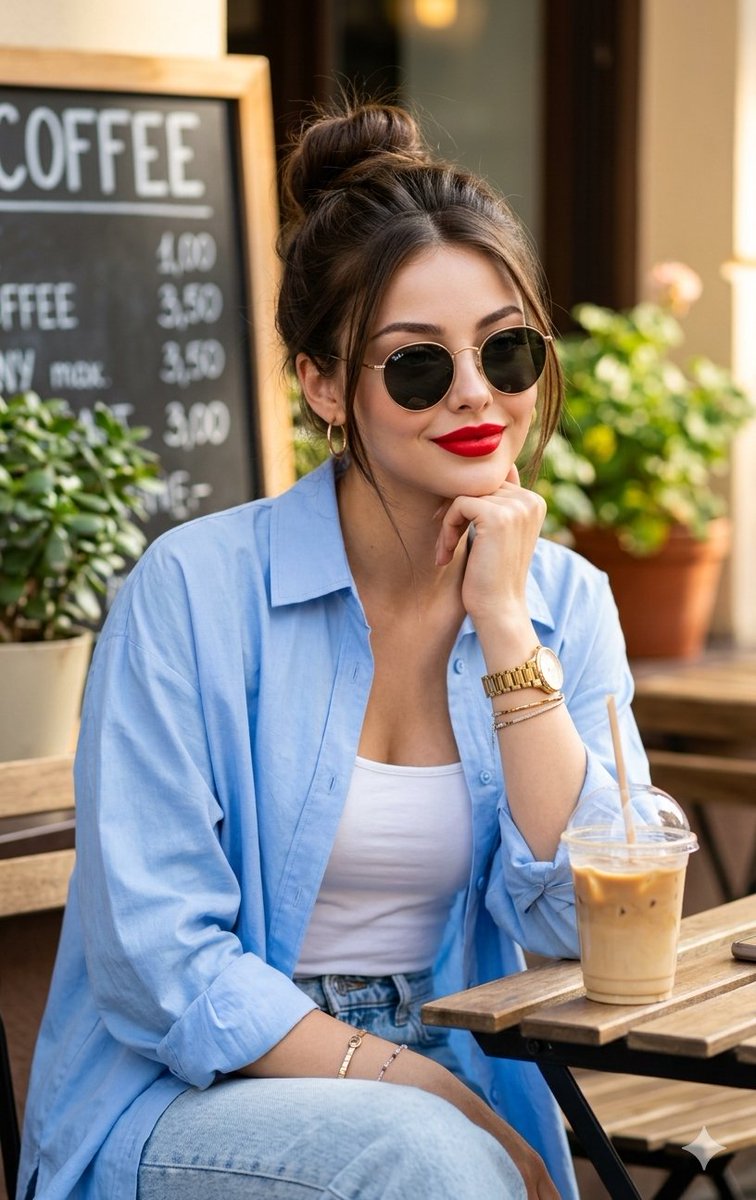 Young woman rests chin on hand at sunny cafe table