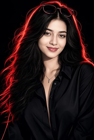 South Asian woman with windswept hair smiles under red neon rim light