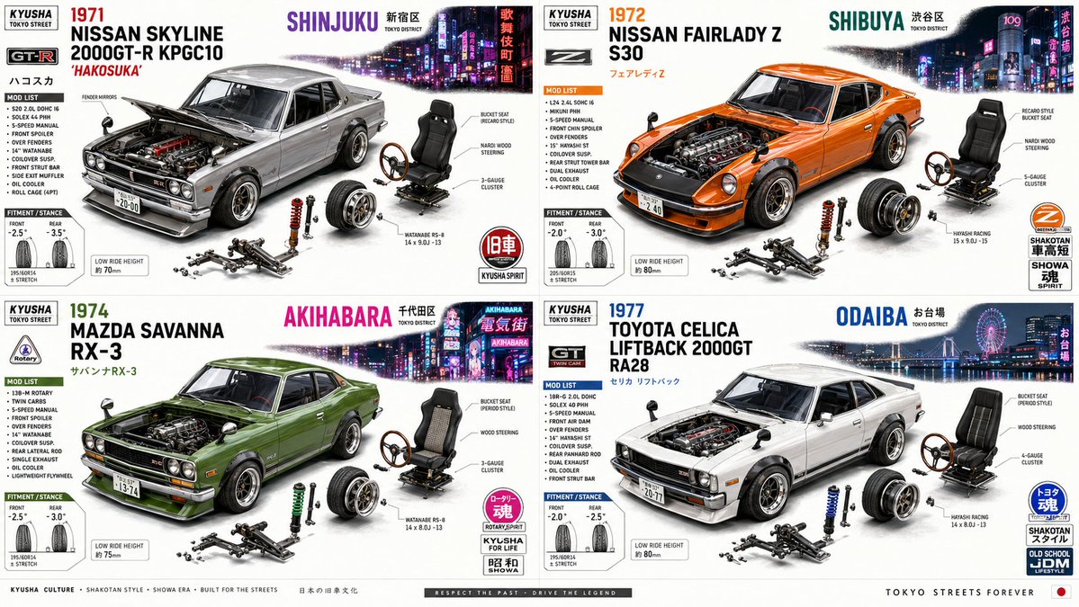 Isometric grid showcases four tuned Japanese cars with detailed infographics