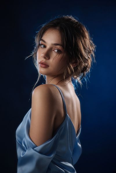Woman in Blue Slip Dress Glances Over Shoulder in Moody Studio Portrait