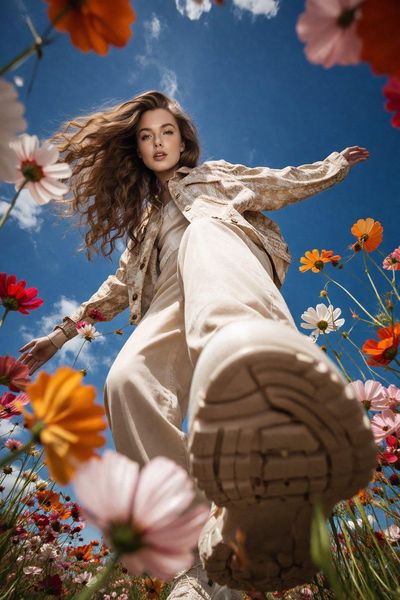 Ground-Level Glamour: Stylish Woman in Blooming Flower Field