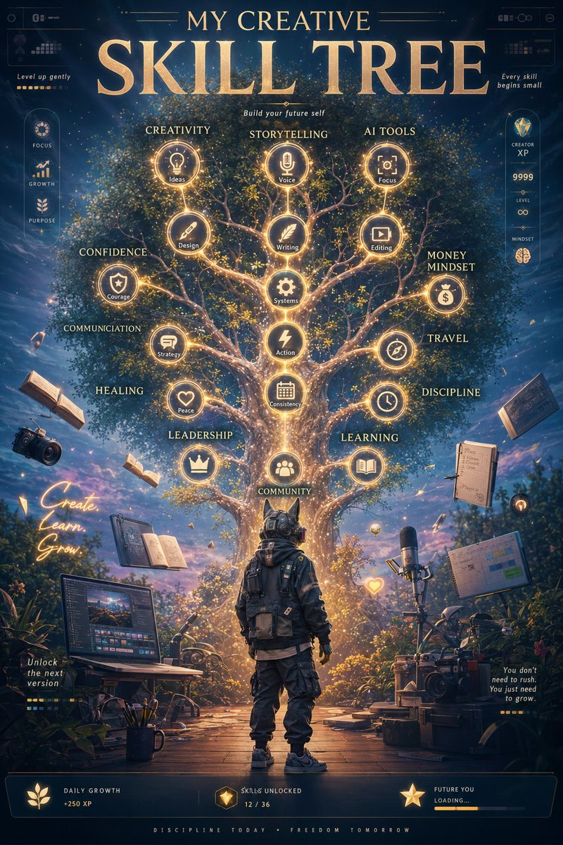 A modern creator stands before a glowing skill tree