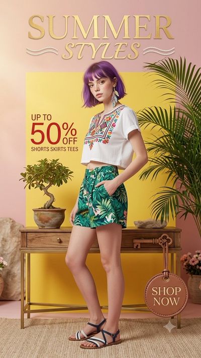 A young woman with purple bob cut poses in vibrant summer studio setting