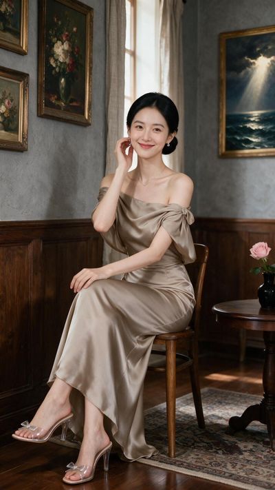 A young woman in taupe satin poses gracefully near floral paintings.