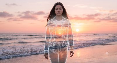 Sunset beach scene appears inside a woman's silhouette with wireframes