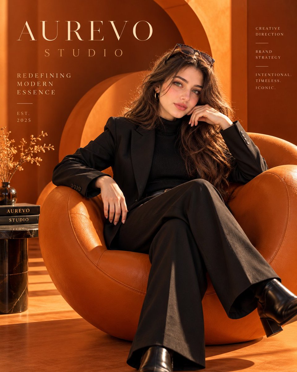 Subject lounges in burnt-orange studio, seated in sculptural leather chair.