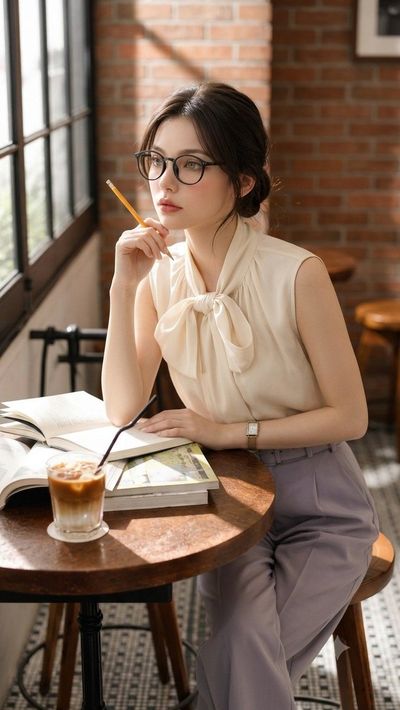 A pensive young woman studies in a sunlit cafe with an iced coffee