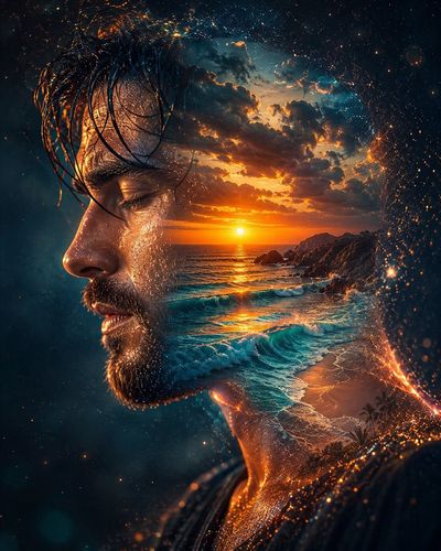 A serene profile merges with ocean waves and golden sunset light