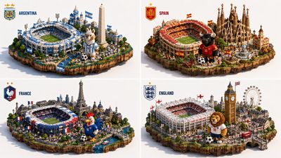Four world cup teams compete in voxel isometric dioramas